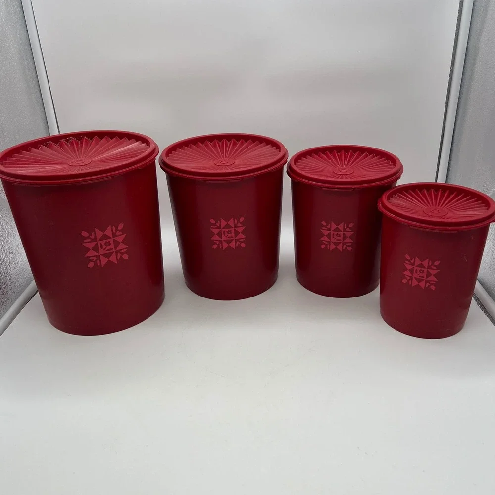 Tupperware Servalier Canister Set 4pc Red Tulip Quilt Vintage 70s Sunburst Lid